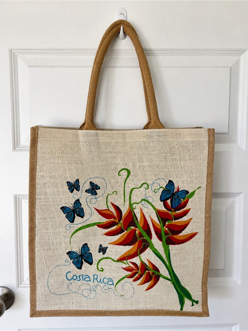 Costa Rica Jute Tote Large Tropical Floral Butterfly Beach Market Bag